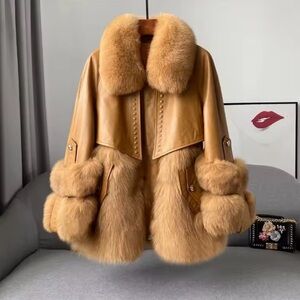 Luxary Fox Fur Trim Leather Jacket/ Camel, Black and Brown colors available/ New